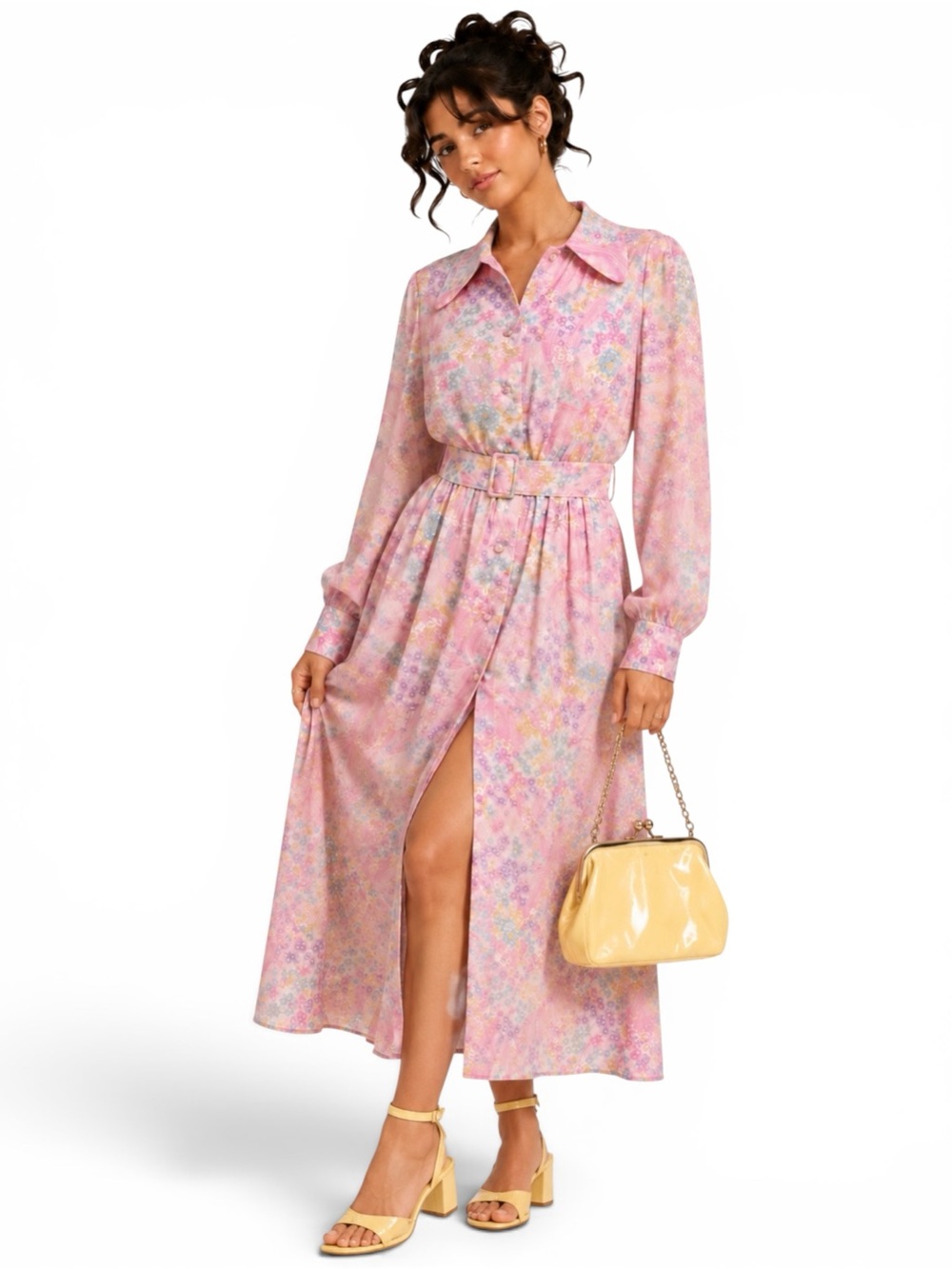Vintage 70s Pink‎ Pastel Floral Maxi Shirt Dress Rhinestone Buttons NWT S/M
